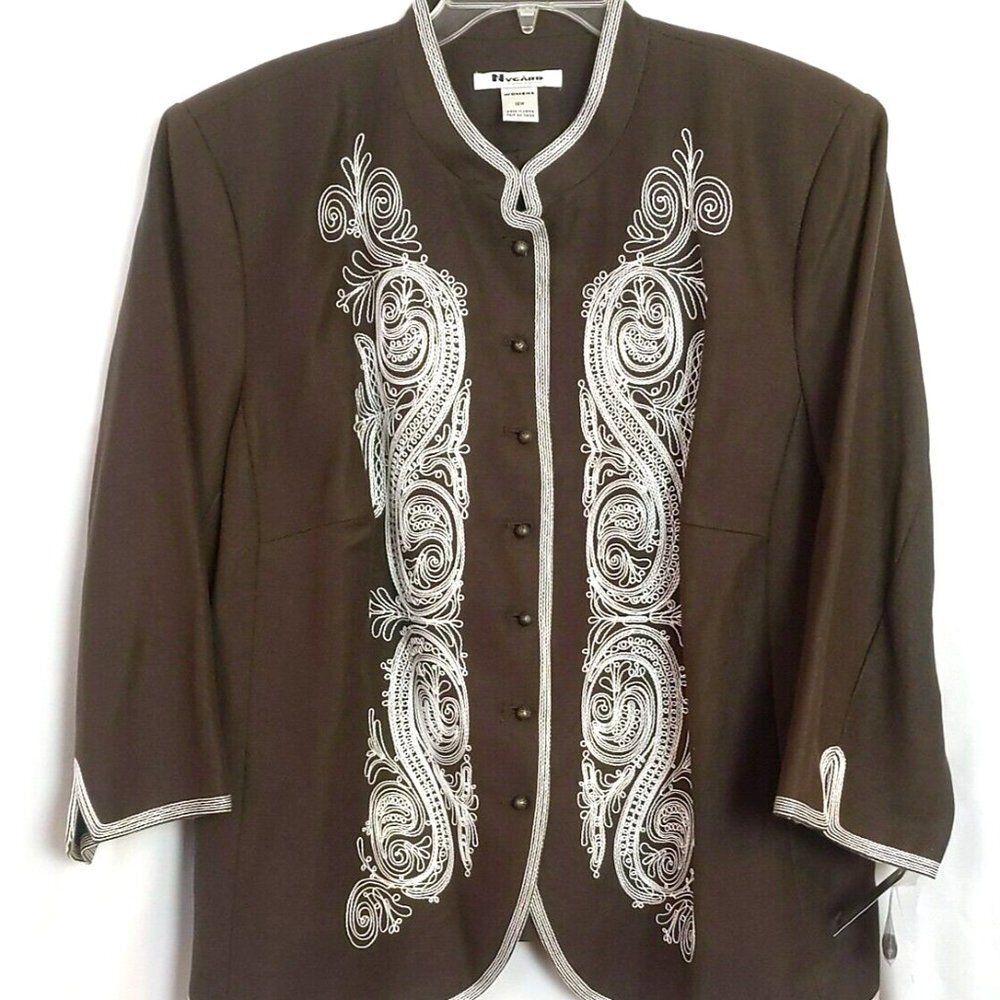 Nygard Collection Brown White Linen Blend Embroidered Lined Jacket 18W NWT